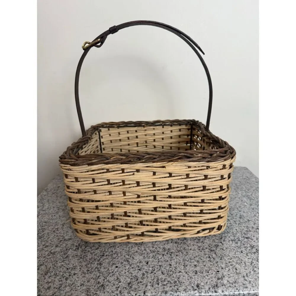 Vintage Square Woven Rattan Basket with Leather Handle & Brass Buckle – 9”